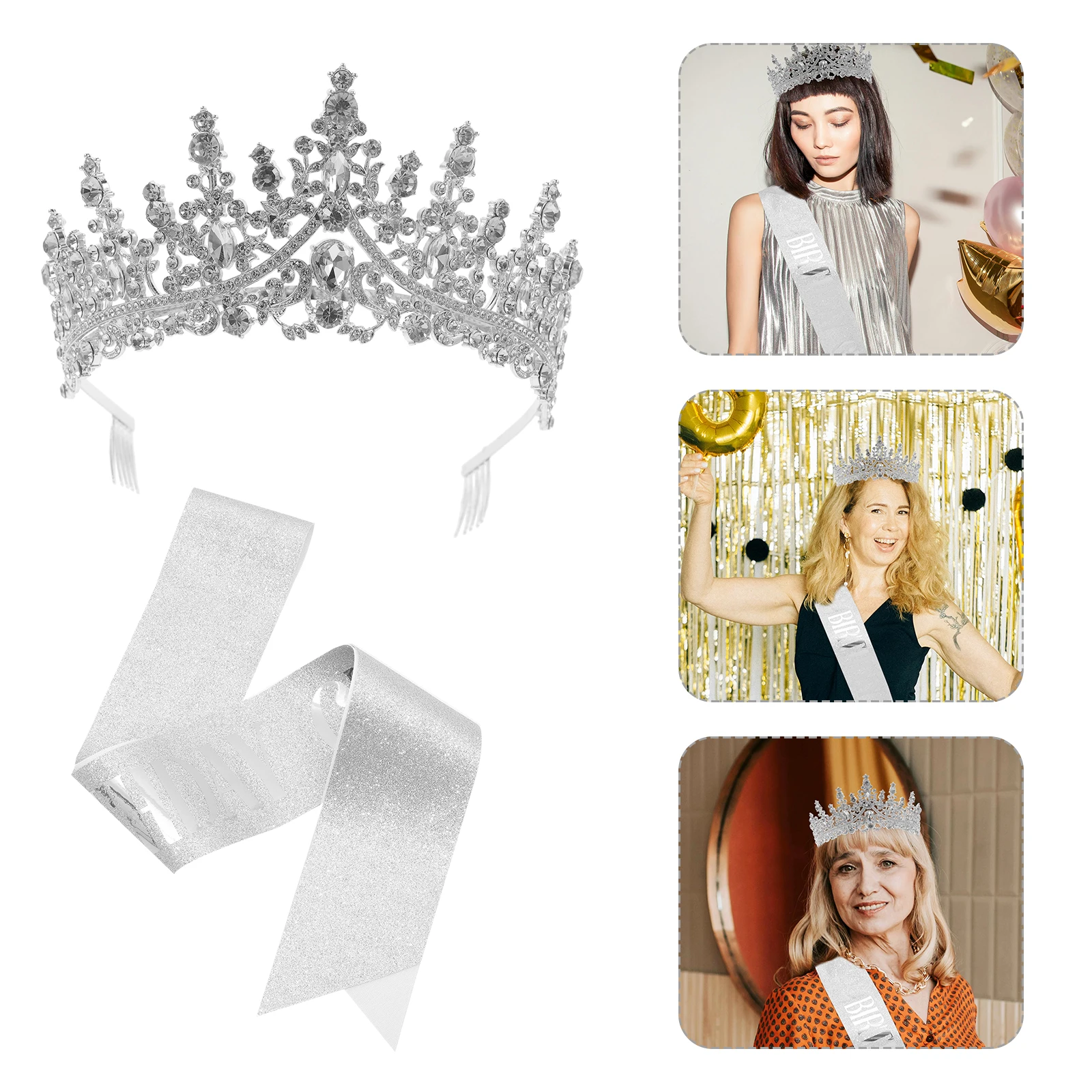 

1 Set Set Birthday Tiara Crown For Women Girls Party Accessories Birthday Party Supplies Decorative Crown Sash For Men Crystal