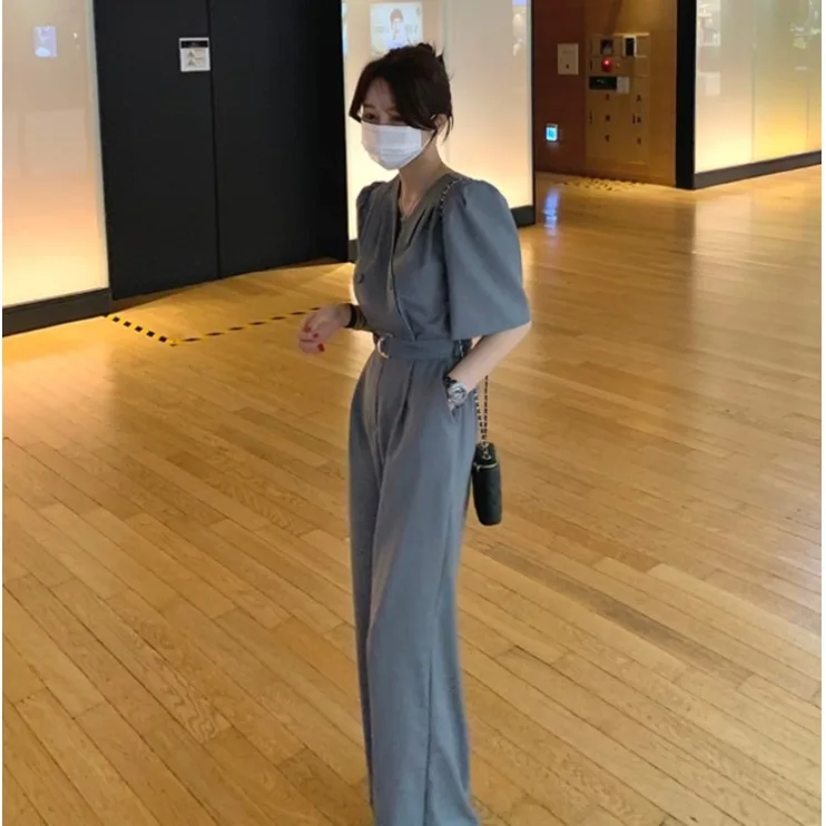 

Faionable Suit Pants with Belt Bubble Sve Jumpsuit Women Summer Wide Leg Pants Dra Sle Korean Sle Spring Autumn ...