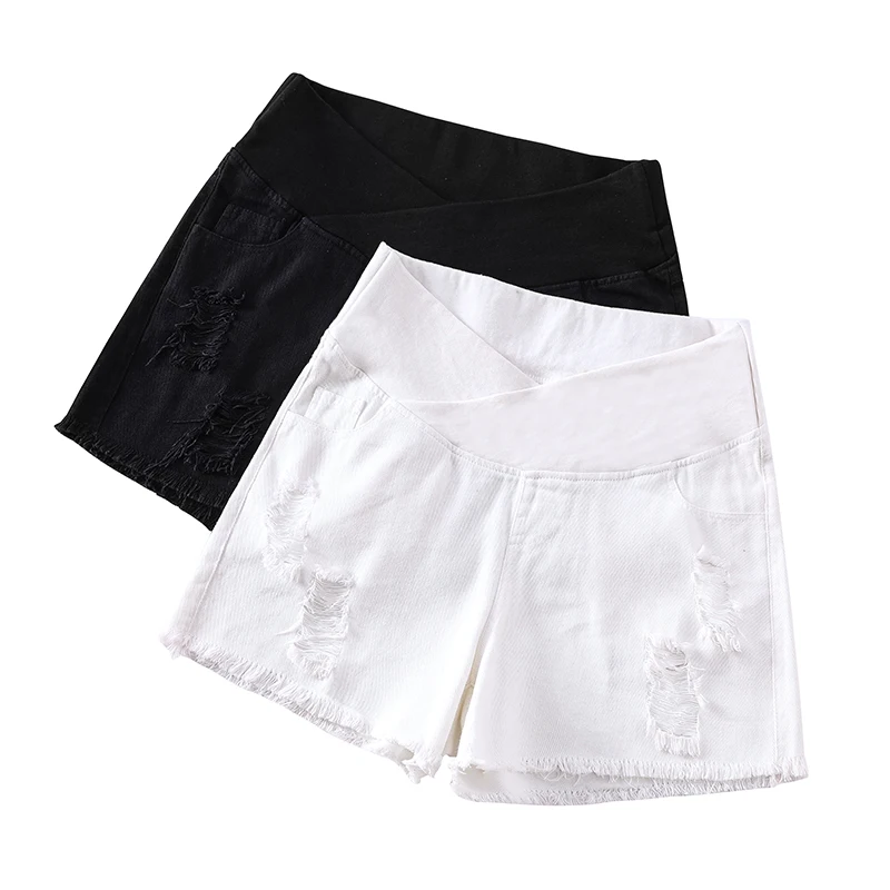 9091# 2023 Summer Casual White Denim Maternity Shorts Across V Belly Shorts Clothes for Pregnant Women Hole Hot Pregnancy Jeans