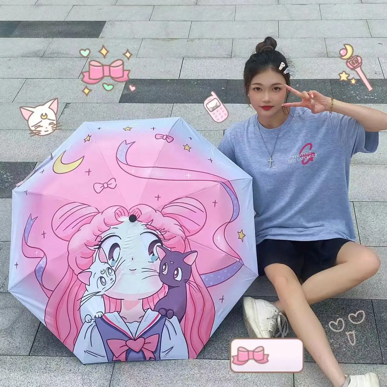 Sailor Moon Sun Umbrella Sun and Uv Protection Parasol Manual umbrella Foldable Umbrella Sunny Day Sunshade Umbrella Cosplay