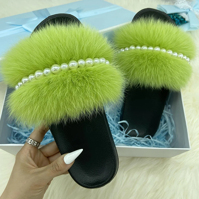 Real Fur Slides Woman Summer Pearl Chain Flip Flops Luxury Natural Furry Slippers For Women Ladies Indoor Home Flat Eva Slides