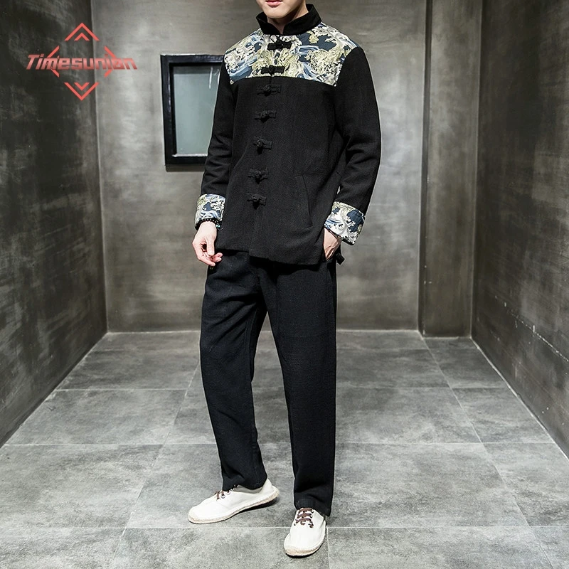 

Мужской спортивный костюм в китайском стиле, весенне-осенний комплект из двух предметов: рубашка с принтом и брюки в стиле Тан/Чжуншань с древними застежками