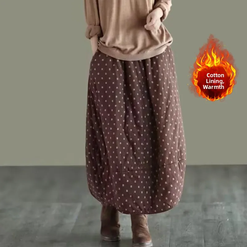Retro algodão linho bolinhas f saia plus size calor feminino faion versátil emagrecimento meados de comprimento confortável saia de algodão
