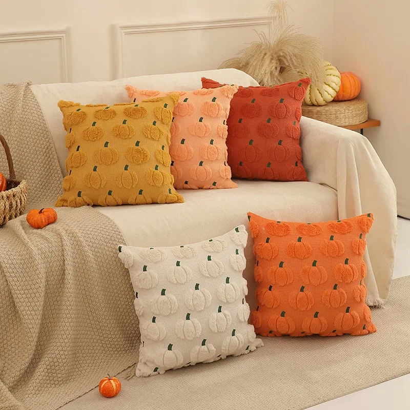 Pumpkin Fall Decorative Throw Pillow Covers 18x18Inch Orange Soft Faux Fur Pillow Covers for Autumn Fluffy Plush Pillow Cases