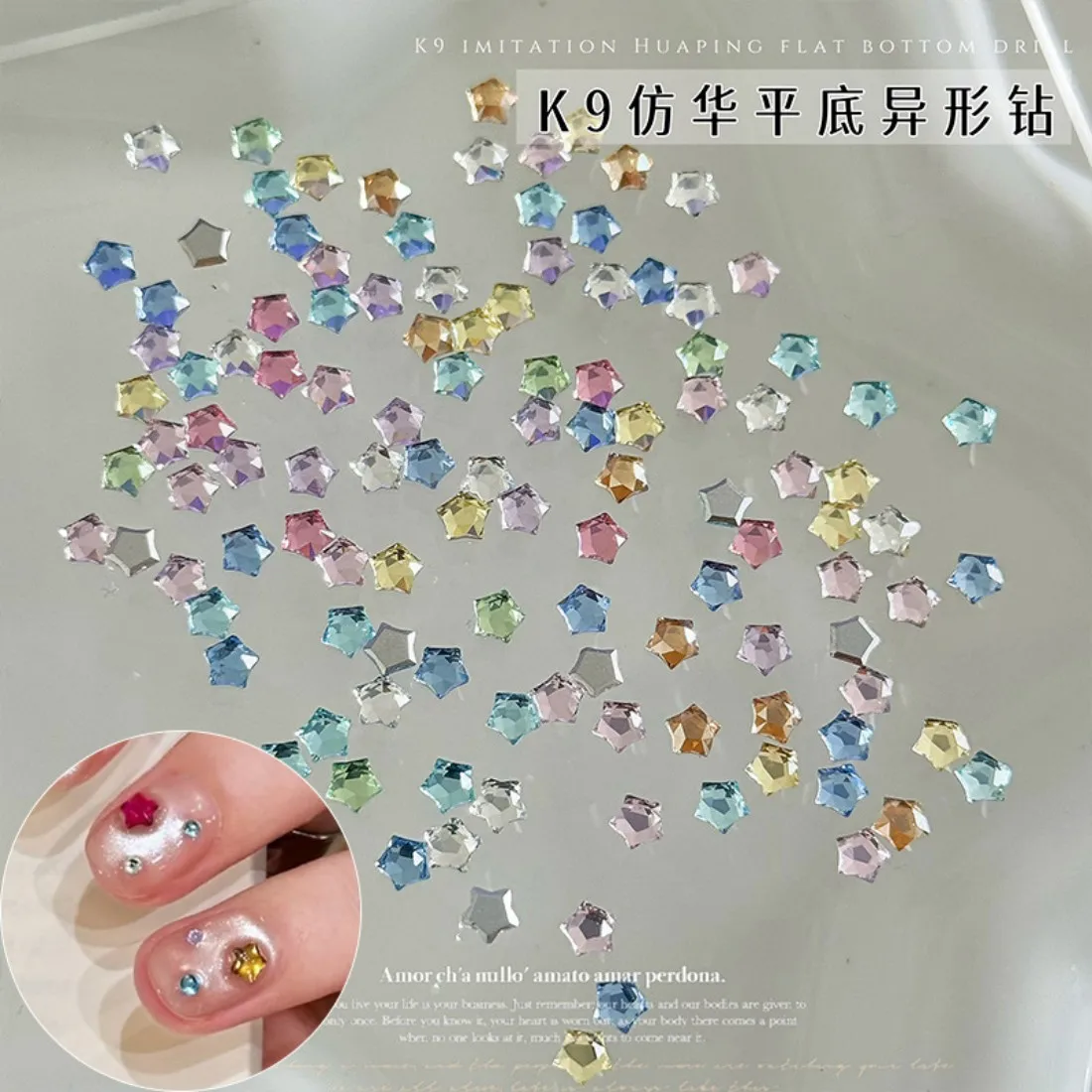 YYM 50PCS K9 Huahaixing-Style Nail Rhinestones: Colorful, Ultra-Sparkly, Flat-Bottomed Five-Pointed Star Nail Decorations