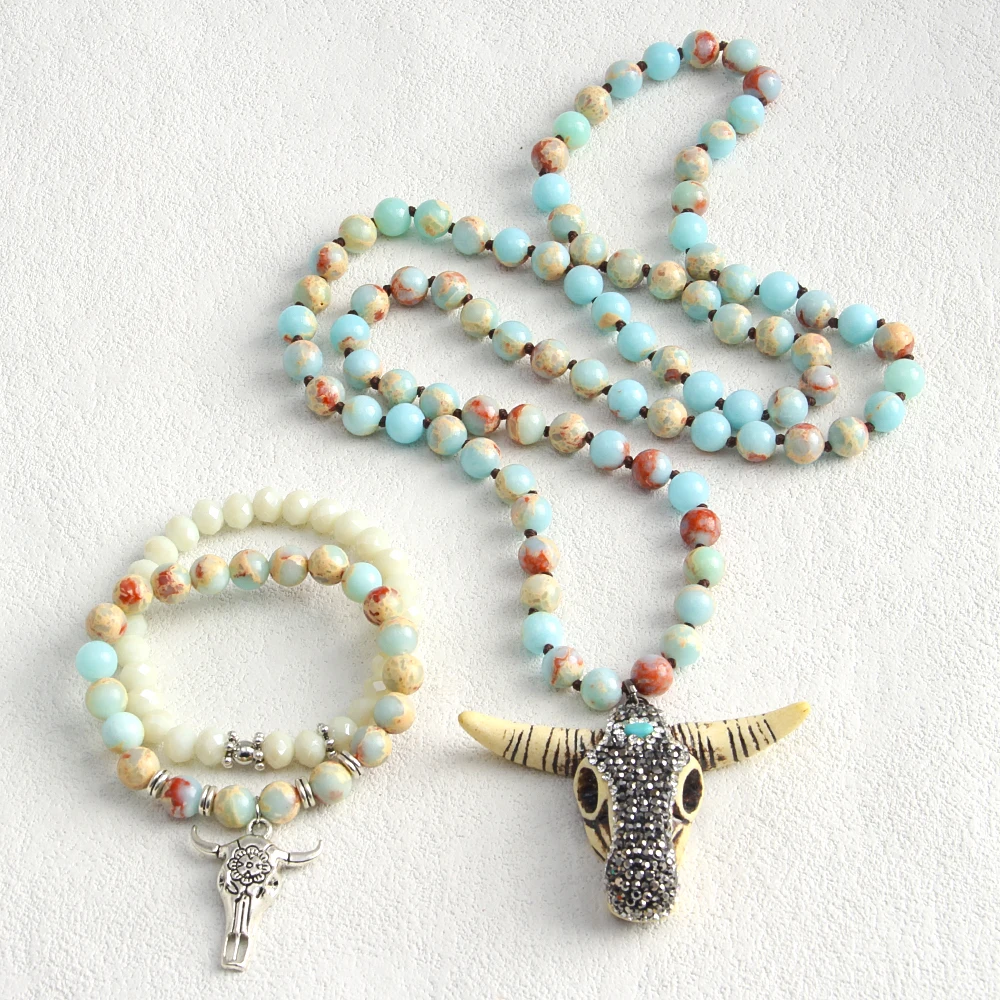 

2025 Spring Fashion Bohemian Tribal Style 8mm Emperor Natural Stone Knotted Bull Head Pendant Necklace 2pcs Stack Bracelet Set