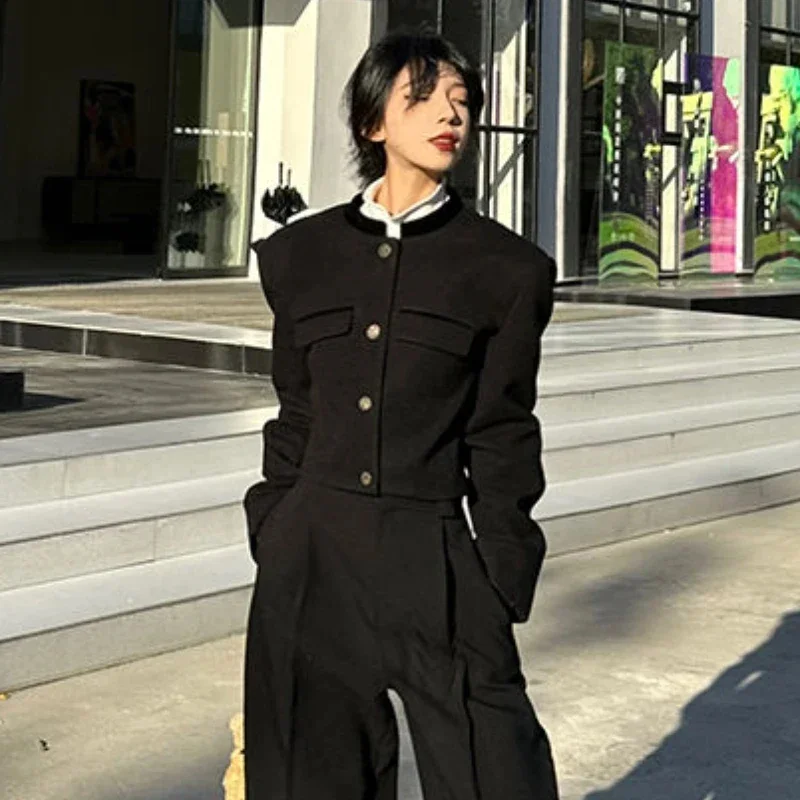 Vintage Black Cropped Blazers Women Korean Elegant Long Sleeve Short Jackets Office Lady Solid Slim Coats Autumn Winter Outwear