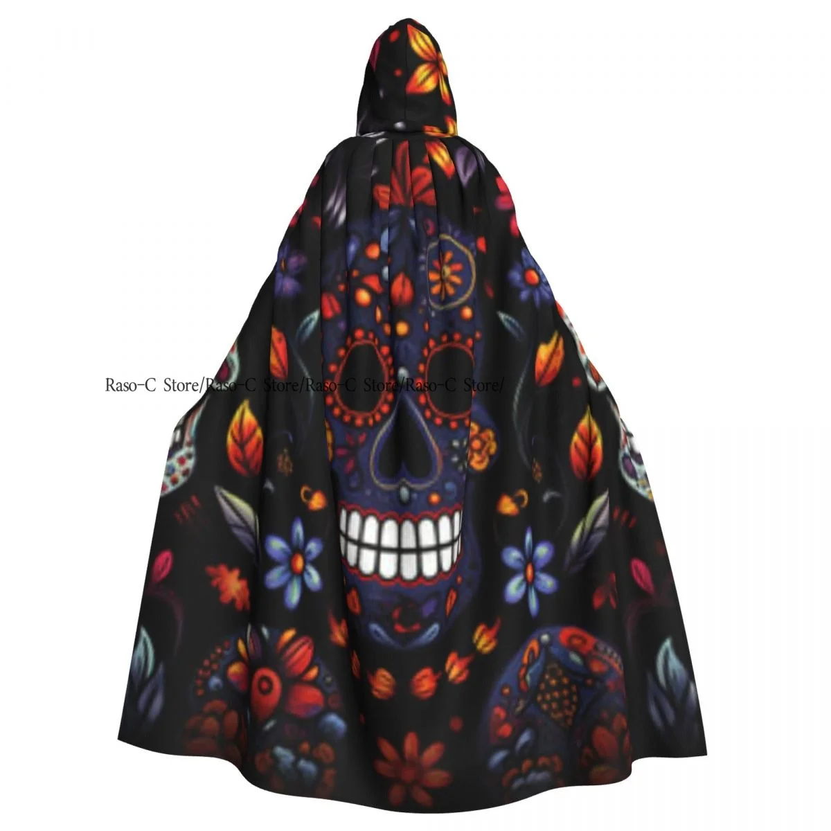 Unisex Witch Party Reversible Hooded Adult Vampires Cape Cloak Day Of The Dead Mexican Skull Pattern