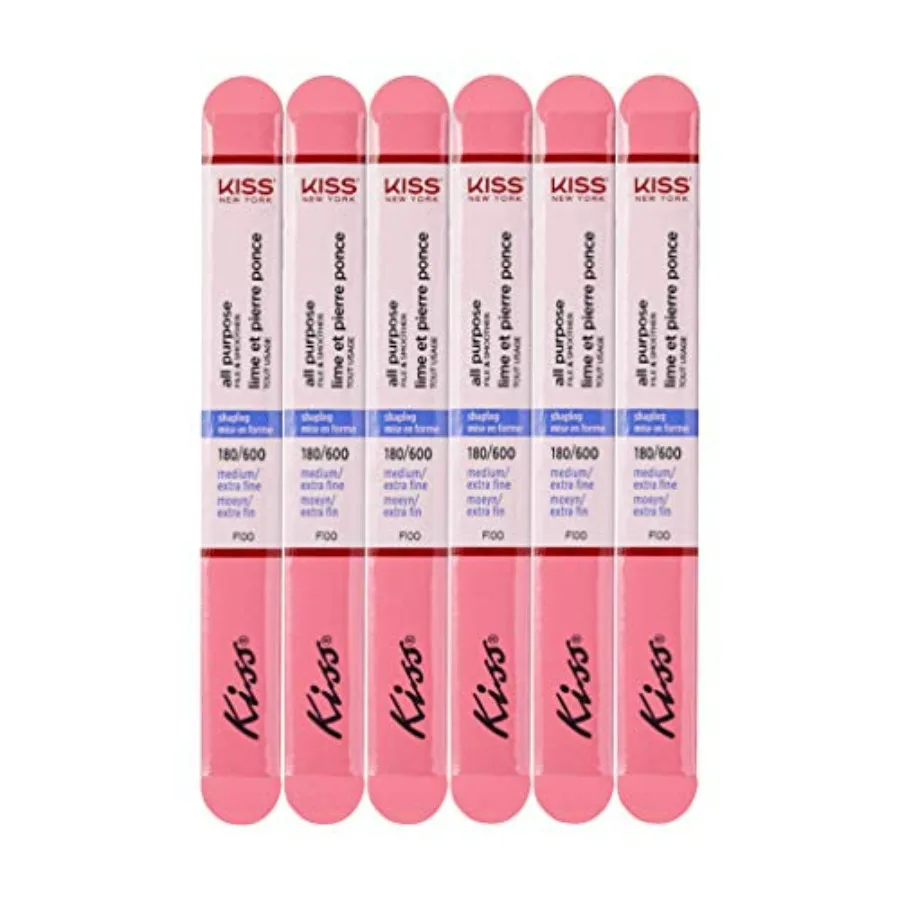 

Kiss File All Purpose and Smoother 180 Medium/ 600 Extra Fine F100N - Pack of 6 Files and Smooths Natural and Artificial Nails