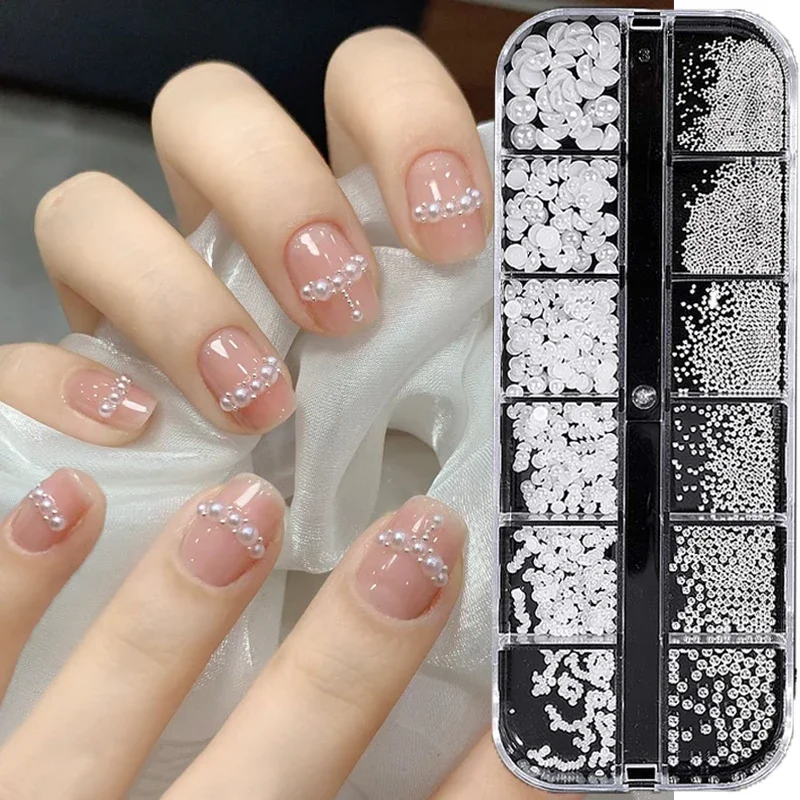 3d branco meia rodada pérolas, 12grids/caixa, ouro, prata, rosa, grânulo de aço, rebite, nail art acessórios, suprimentos