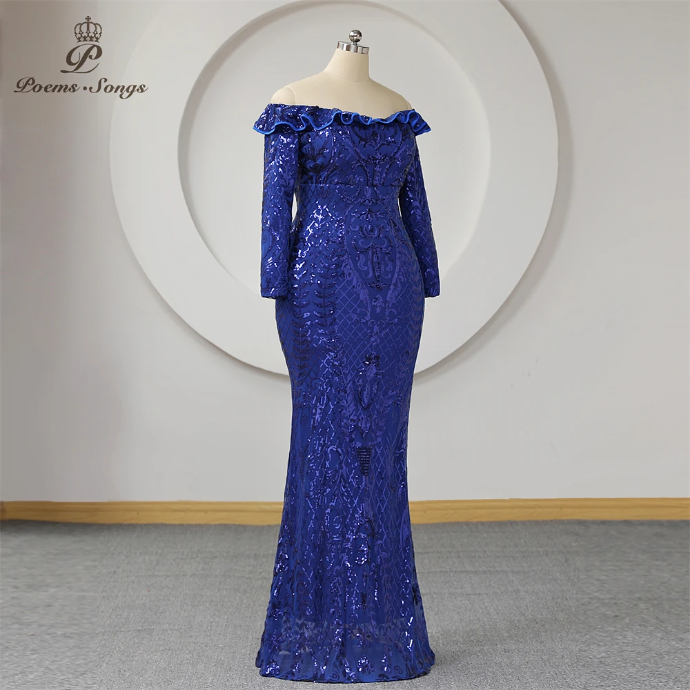 Royal Blue Sequins ชุดราตรี Mermaid แขนยาว Ruffles ปิดไหล่พลัสขนาดผู้หญิงทรัมเป็ต Celebrity Maxi ชุด