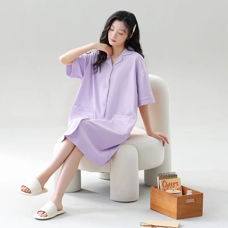 Newest Summer M-2XL Cotton Nightgown Ladies Sleepwear Girls Gift Short Sleeve Cardigan Nightdress Solid Color Home Clothing