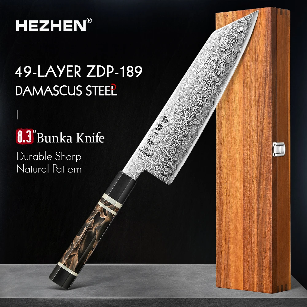 HEZHEN 8.3 Inch Bunka Knife 49 Layers ZDP-189 Damascus steel Powder Core Steel Kitchen Cook Wooden Gift Box kiritsuke Knife