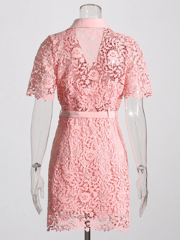 TWOTWINSTYLE Solid Spliced Bnutton Slimming Dresses For Women Lapel Short Sleeve High Waist Spliced Lace Up Dress Female Fashion