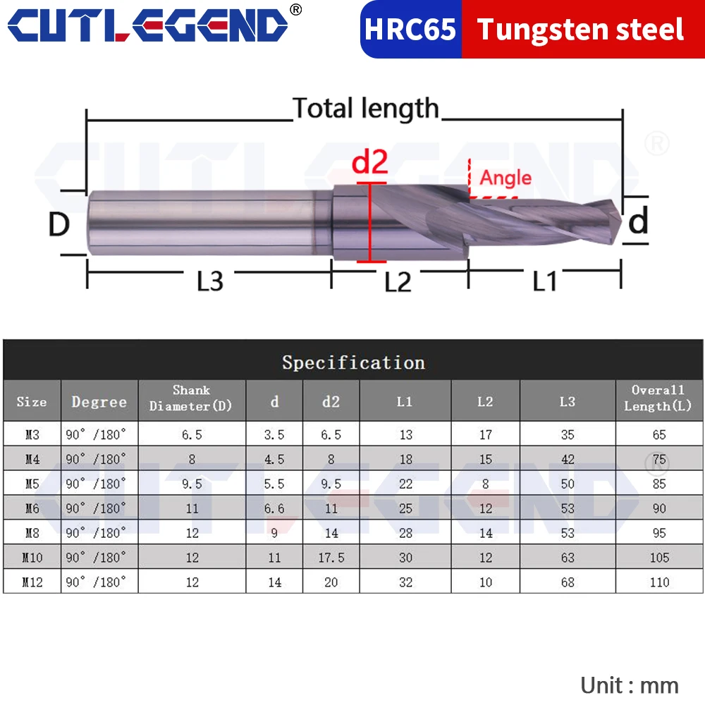 Imagem -03 - Carboneto Sólido Passo Broca Cnc Machine Drilling Tool Aço de Tungstênio Escareador 90 Graus 180 Graus m3 m4 m5 m6 m8 M10 M12 Hrc65