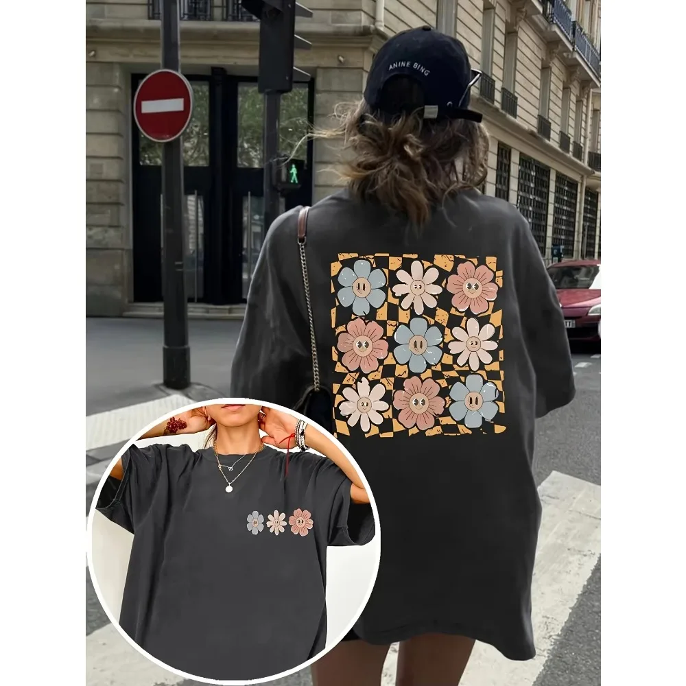 Women's Plus Size Sunshine Flowers Pattern T-shirt Cotton Breathable Versatile Unisex Summer Casual Short Sleeve Graphic Tee
