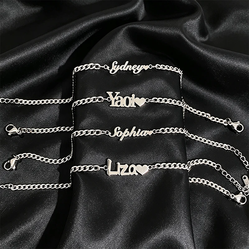 DIY Personalized Your Name Heart Text Bracelet pulseras Stainless Steel Woman Man Customized Nameplate Letters Bracelet Jewlery