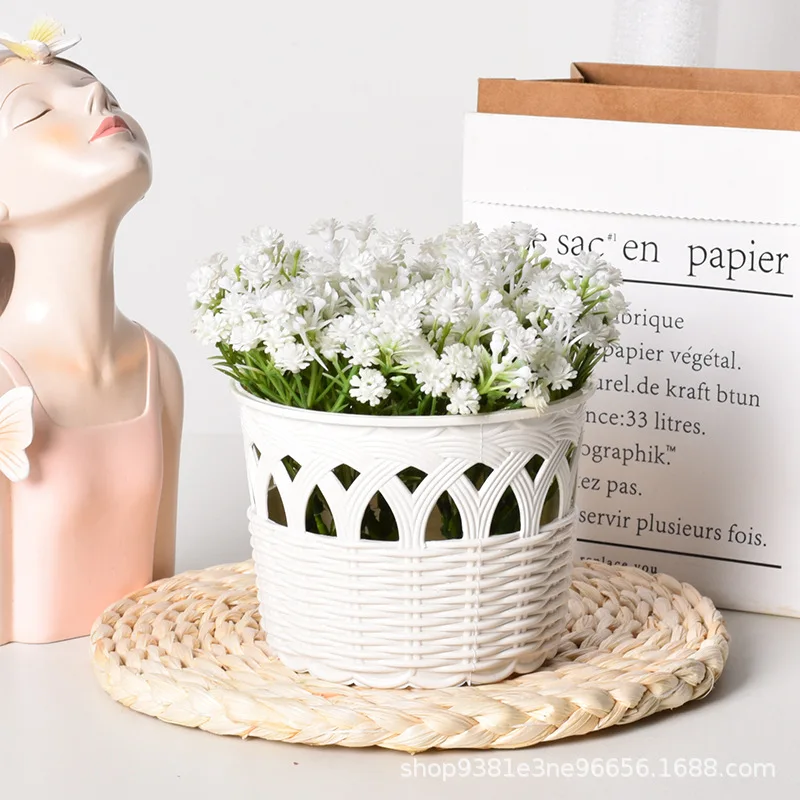 Mini White Rattan Style Plastic Flower Basket, Woven Look Planter for Faux Flowers, Small Home Decor Vase Pot