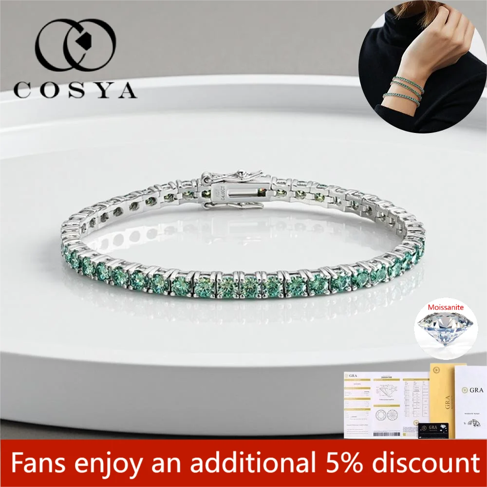 

COSYA D VVS1 Lab-Grown Green Moissanite Tennis Bracelet for Women Men GRA Certified 925 Silver Wedding Jewelry Gift Bracelet