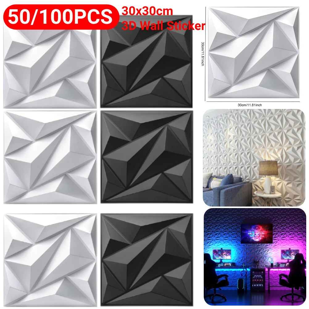 

50/100pc 30x30cm 3D Wall Panel House Wall Renovation Diamond Not Self-adhesive Tile 3D Wall Sticker Black/White for Living Room