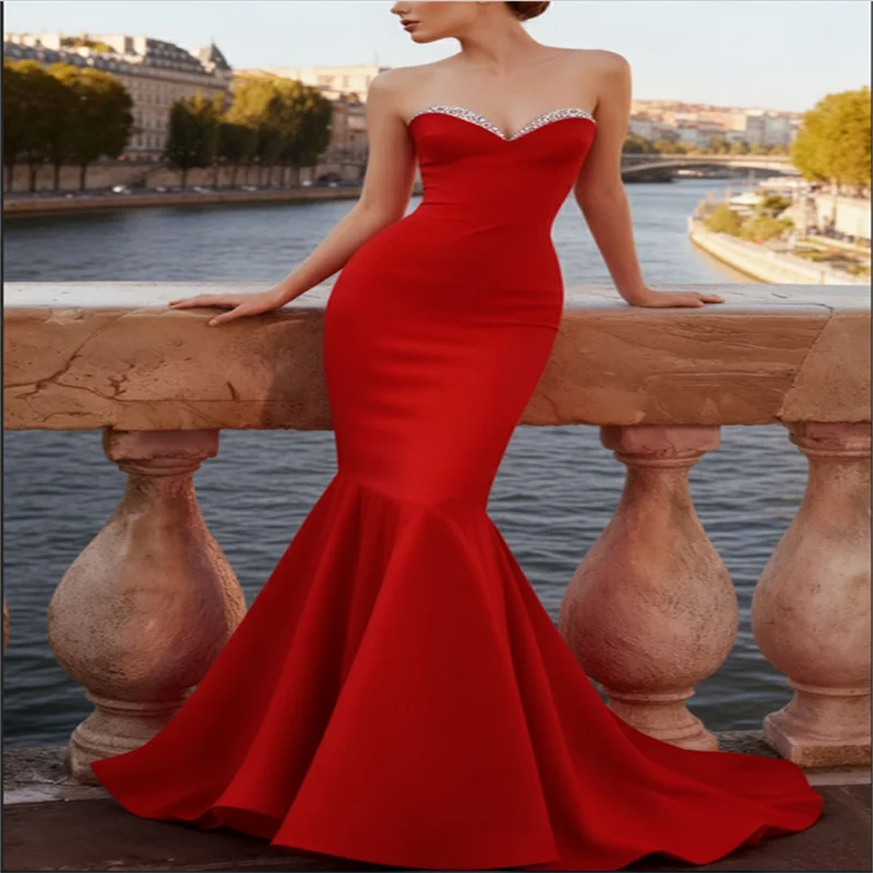 Elegantes schickes Damen-Abendkleid, rotes Damen-Abendkleid, Meerjungfrau-Partykleider 2025, trägerloses langes Ballkleid, individuell gestaltet