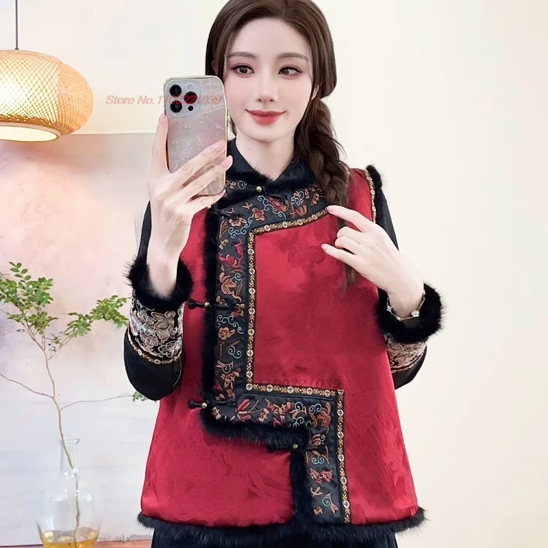 

2025 chinese vintage vest traditional sleeveless jacket national flower embroidery satin jacquard cotton-padded vest hanfu tops