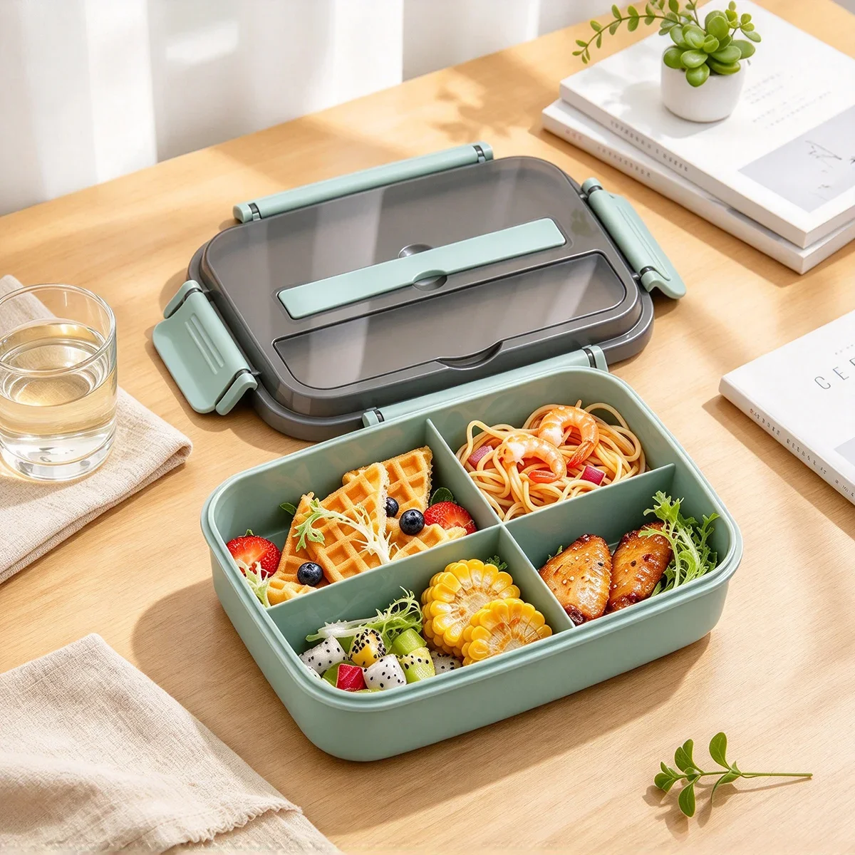 1pc Green 4 Sections Bento Lunch Box Portable Leak Resistant Food Container for School Work & Camping Kitchen Tool