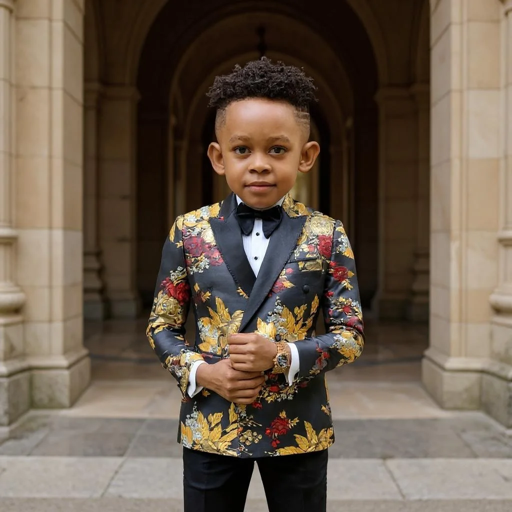 

Double Breasted Formal Boys Suit Set Floral Peaked Lapel Wedding Birthday Party Tuxedo Costume Kids Blazer with Pants 2 Pieces