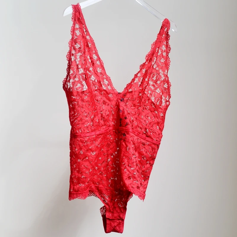 Roter Spitzen-Body für Damen, enger Riemen, Basisschicht-Unterwäsche, hohe Taille, Nylon-Hosen-Body ter Ne Design