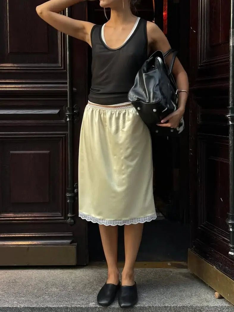 

New Lace Border Skirt Womens Fashion Lace High Waist Solid Patchwork Skirt Summer Female Office Lady Elegant Chic Skirts