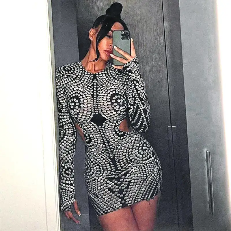 

Spot Print Long Sleeve Hollow Out Sexy Bodycon Mini Dress 2023 Autumn Women Fashion Y2K Streetwear Party Club Outfit