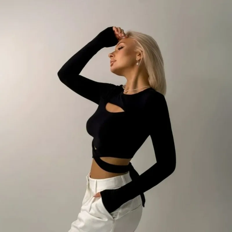 The New Slim-fitting Top with Cut-out Design Long Sleeves with Straps From Europe and America Is Fashionable and Sexy for Women