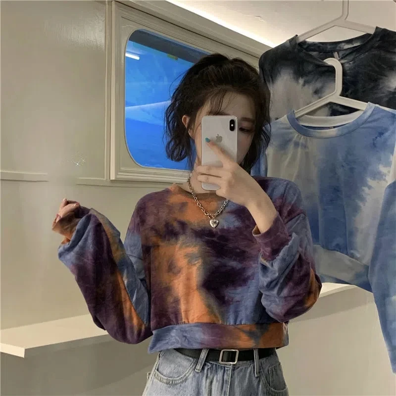 MEXZT Spring Streetwear Women Oversize Loose Pullovers Vintage Y2k Tie Dye Cropp Top Korean Fashion Long Sleeve Sweatshirts New