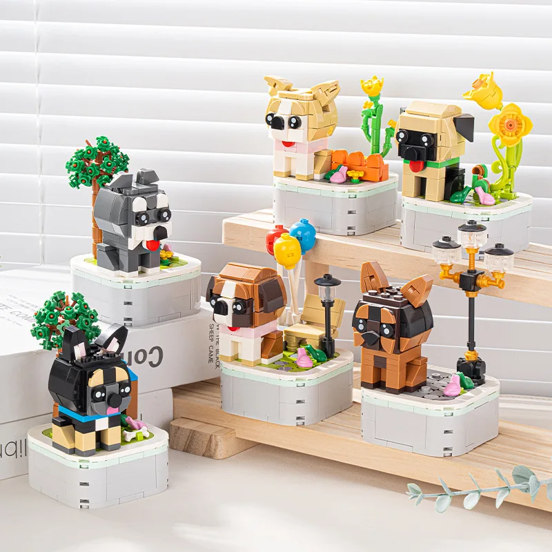 

Cute dog with flower pot building blocks toy, small particle animal creative assembly toy, decoration, gift for boys and girls