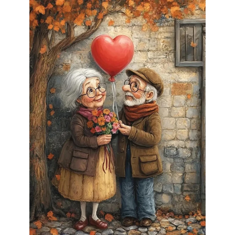 DIY 5D Diamond Painting, Elderly Couple with Red Heart Balloon Art, Hobby Craft for Home Wall Decor, Ideal Gift for Art Lovers