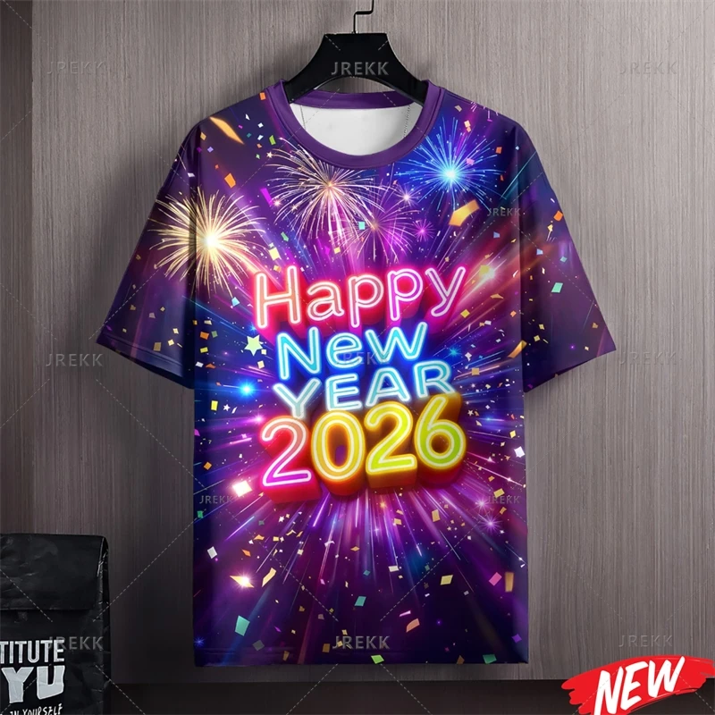 Colorful Happy New Year T Shirt Men 2026 New Year Round Neck Short Sleeve Women Family 3d Printing Horse Festival Party T Shirts