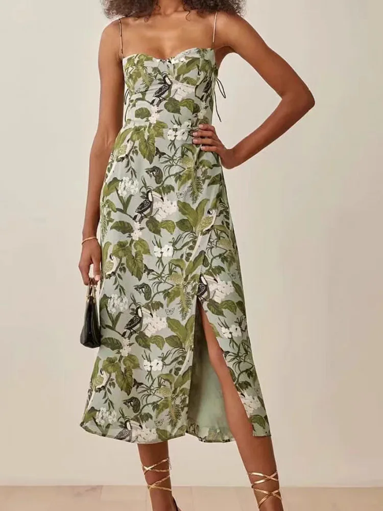 

Transformation Dress French 23 Summer New Vacation Slim Fit Sexy Green Print Split Suspended Dress