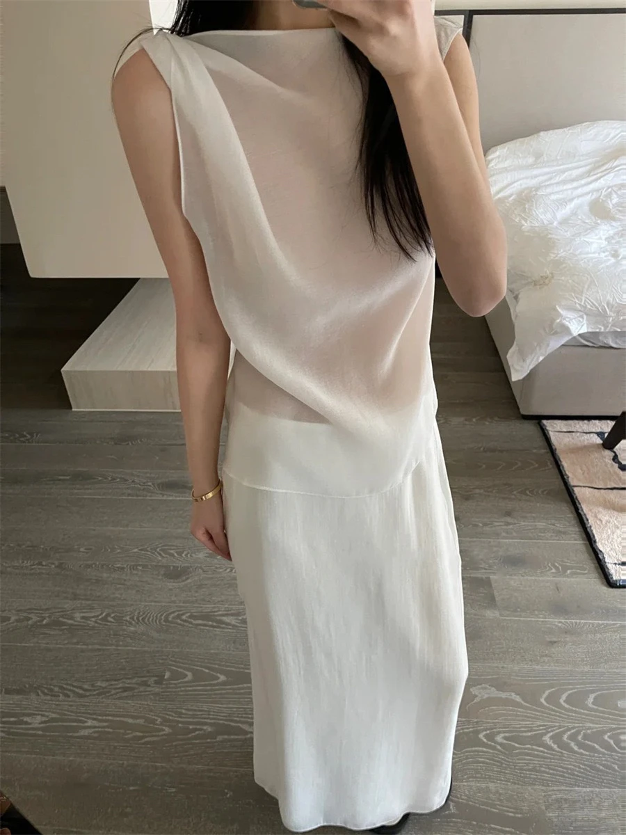 

Summer New PREON Transparent Thin Irregular Vest Top High Waist f Body Long Skirt Splice Sle Commute Faion Loose Fit