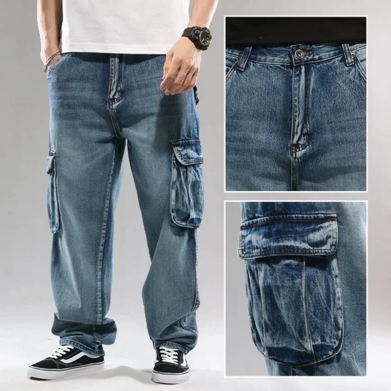 Spring and Autumn New Classic Fashion American Vintage Multi-pocket Cargo Jeans Men's Casual Loose Sporty Plus Size Jeans