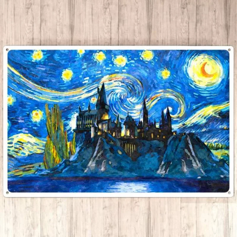 Impressionist Sunflower House Village Figure Moon Starry Sky HD Metal Tin Sign Wall Decor for Home Decor 20x30cm