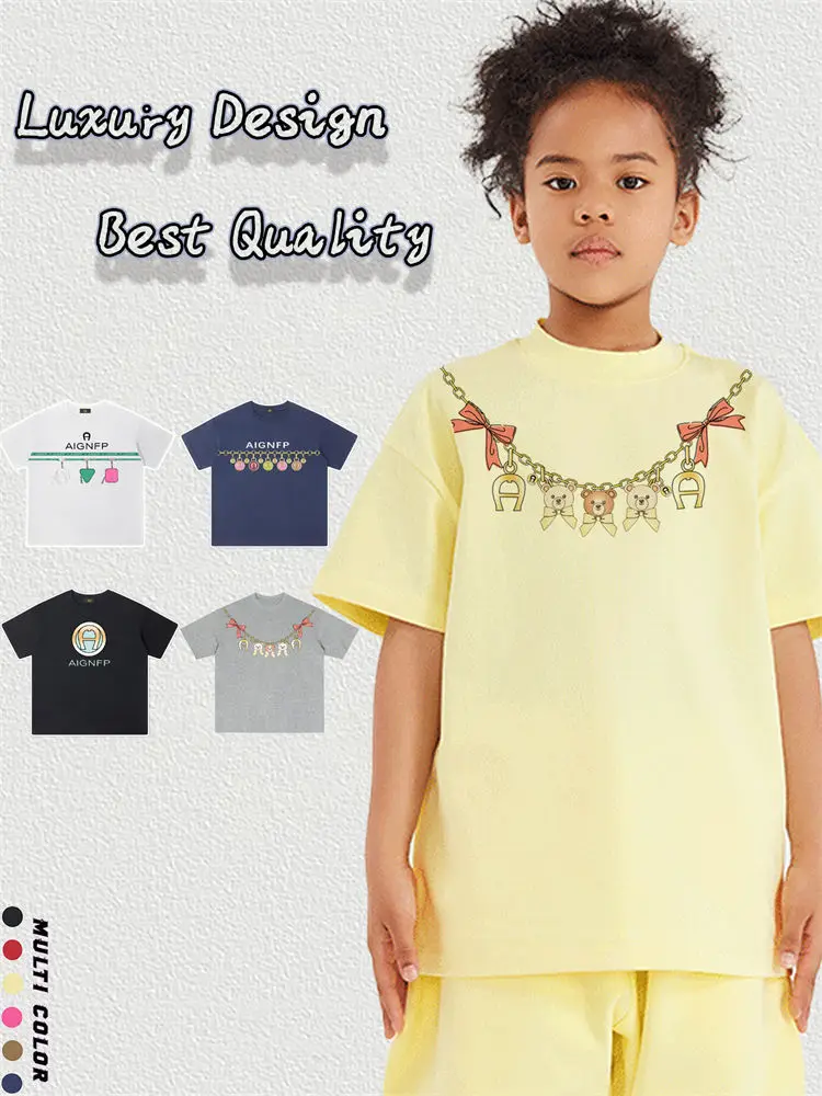 

Cute Bow Kids T-shirt Summer Clothes 2025 Cartoon Bear Girl's T-shirt Necklace Print Short sleeve Tops Fashion Children Clothing