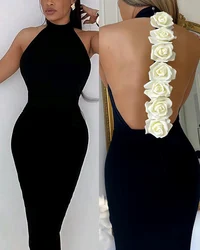 Elegant Rose Detail Dress Women Sext Mock Neck Sleeveless Backless Bodycon Dresses 2025 Spring New Fashion Evening Party robe