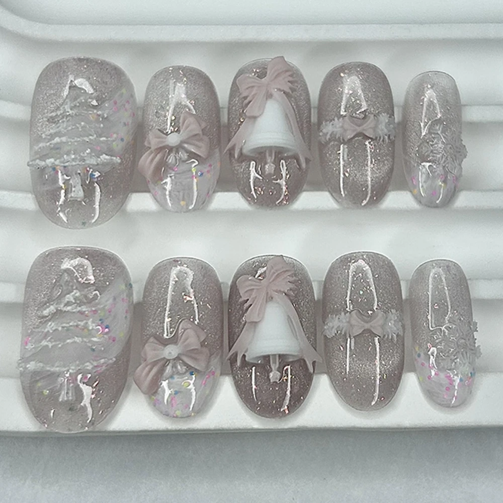 

Christmas Almond French Short Handmade Press On Nails 3D Christmas Tree Bells Bow Cat Eye Glitter Fake Nails Cute Pink Nail Art