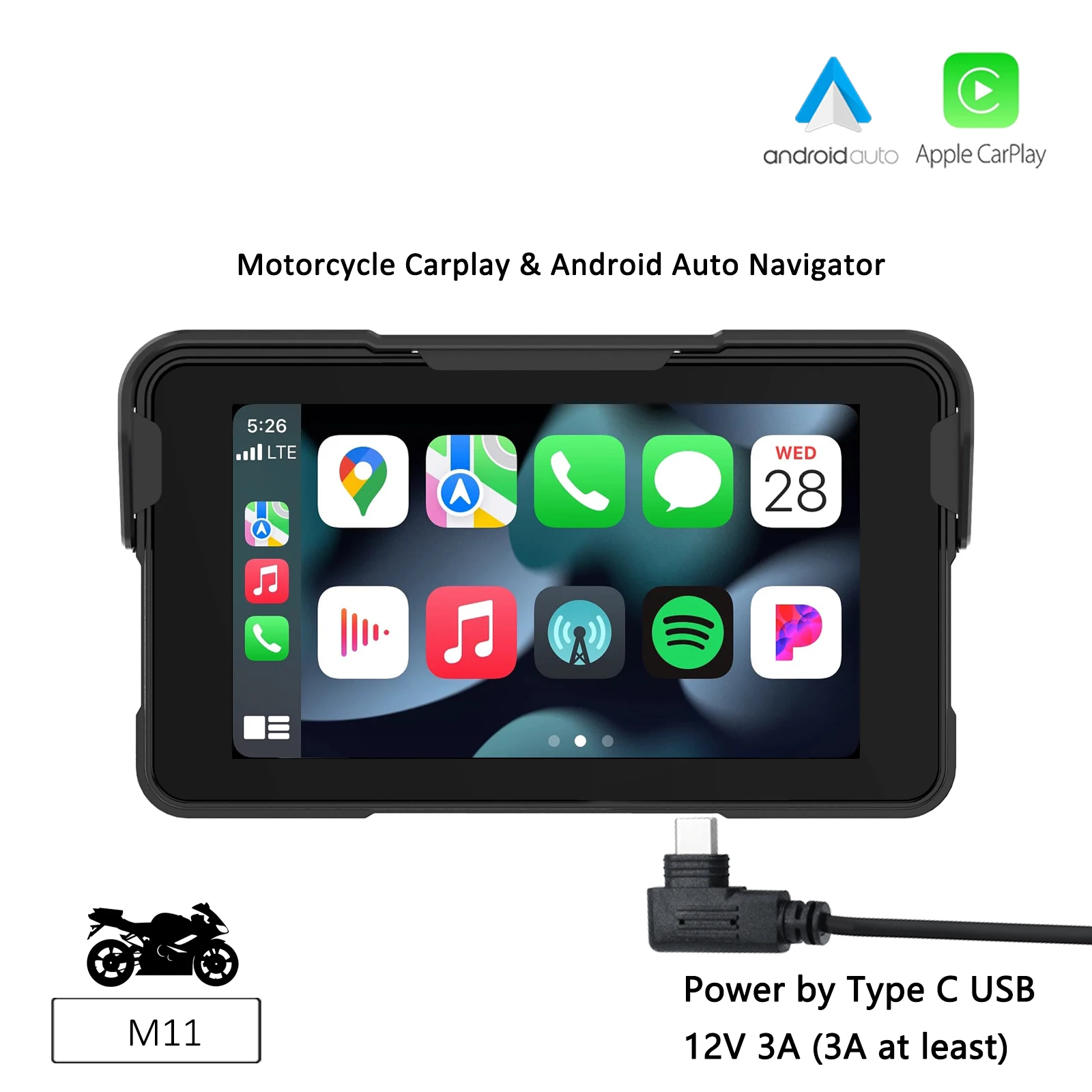 

Универсальный беспроводной мотоцикл CarPlay Android Auto Navigator 5-дюймовый сенсорный экран IPX7 Водонепроницаемый Тип C Мощность Легко удаляется