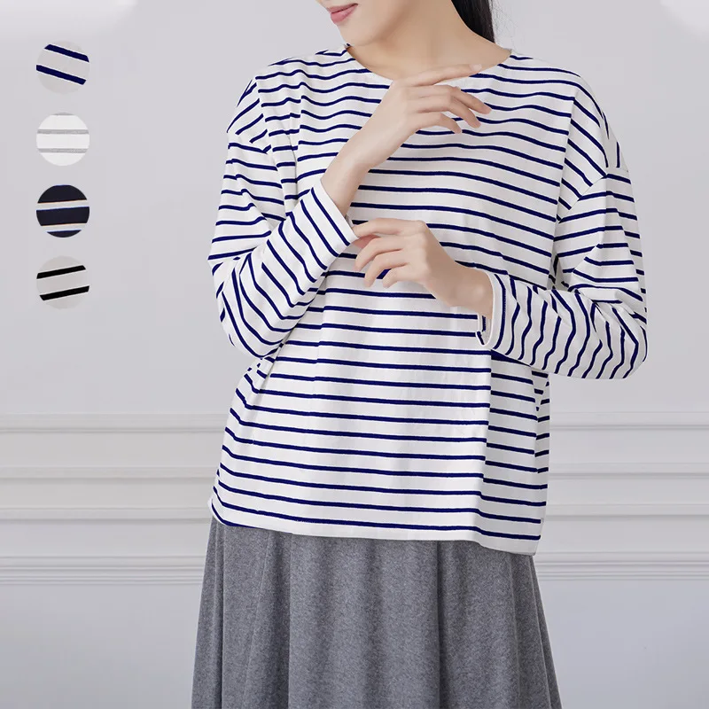 

Повседневная женская полосатая футболка с длинным рукавом в японском и корейском стиле, новая осенне-зимняя простая свободная универсальная основа с круглым вырезом