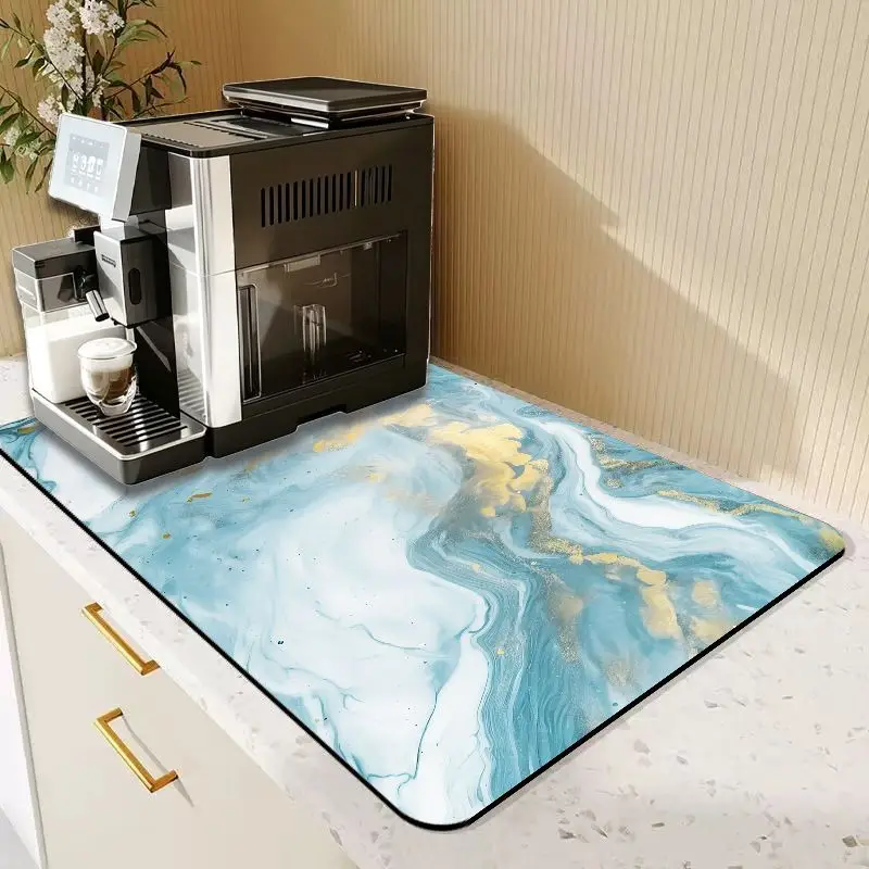 VIKAMA Cyan Gold Swirl Marble Bar Mat Waterproof Super Absorbent Non Slip Home Coffee Counter Decor Pad