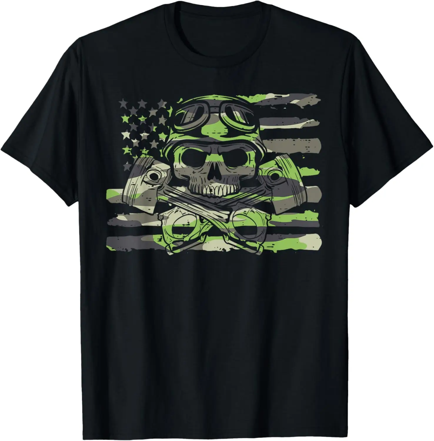 

Biker Camo US Flag Skull Pistons Motorcycle Men Boys Kids T-Shirt