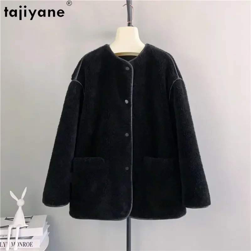 

Tajiyane 2023 Sheep Shearing Jacket Women Clothes Pure Color 100% Wool Coat Oneck Fur Coats Korean Style Outwears Veste Femme