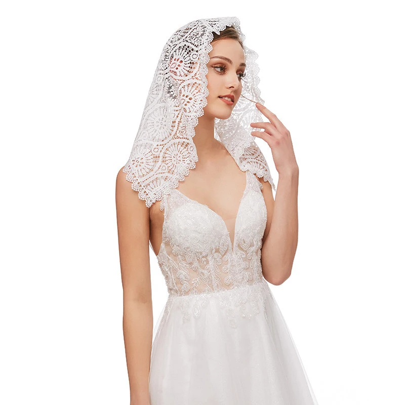 Women White Black Muslim Headscarf Fashion Wedding Bridal  Lace Veil One-Layer  Hollow Out Lace Shawl