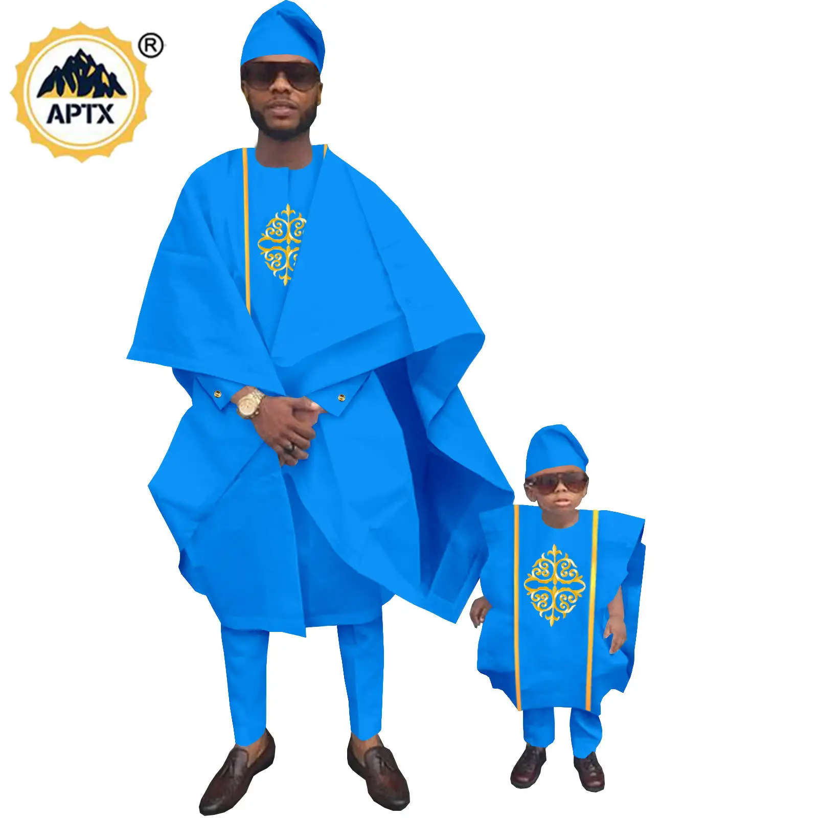 African Men Clothes Dashiki Family Outfits Father and Son 3 Pieces Agbada Hat Robe Top and Pant Sets Bazin Children Suits 24F006